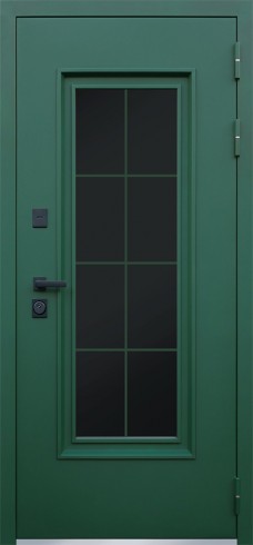 Стальная дверь Терморазрыв 3К «Олимп с окном и английской решеткой» Муар зеленый/Лайт Софт Грей